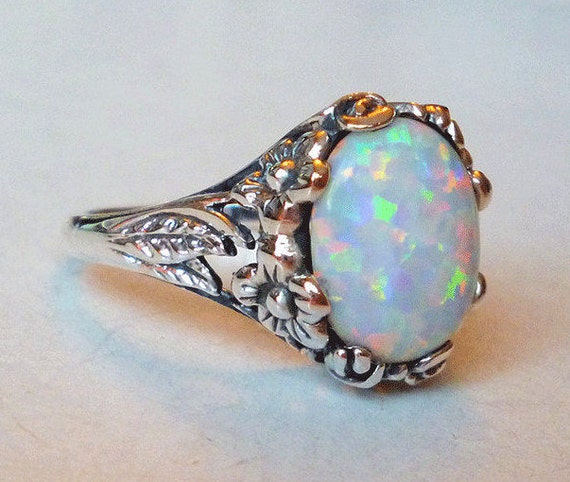 Amazing Carved Floral Design Opal Solitaire Ring // Gemstone