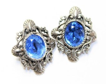 Sparkly Blue Rhinestone Diamante Silver Coloured Vintage Clip On Earrings (c1960s) - Wedding