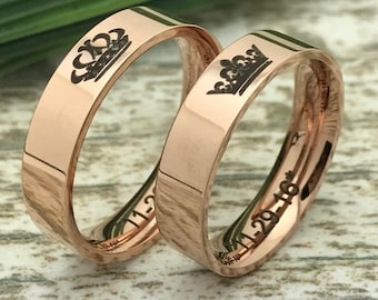 5mm Rose Gold Stainless Steel Rings, His And Her Ring Set, Engraved Wedding Date Rings, Couple Promise Rings, Matching Couple Ring