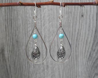 Turquoise Teardrop Earrings - Teardrop Hoop Earrings - Teardrop Dangle Earrings - Bohemian Chic - Statement Earrings - Gypsy Jewelry