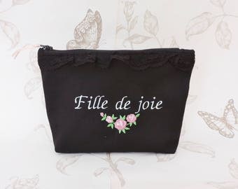 Pochette zipée en tissu noir à pois et fleurie avec broderie Fille de joie