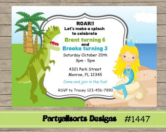 DIY - Dinosaur and Mermaid Joint Childrens Birthday Party Invitations