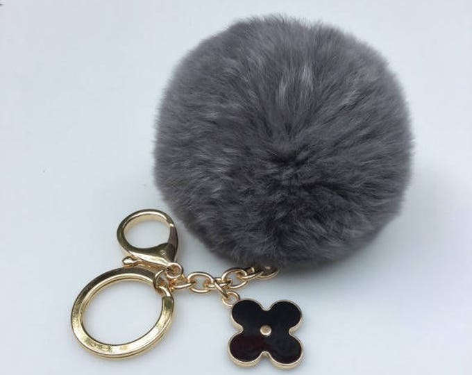 Dark Gray fur pom pom keychain REX Rabbit fur pom pom ball with flower bag charm