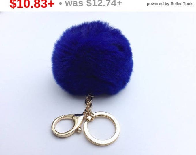 New! Cobalt Blue Fur pom pom keyring keychain fur puff ball bag pendant charm