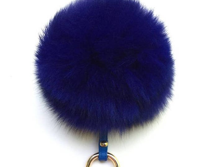 Fox Fur bag charm, fur pom pom keychain, fur ball keyring purse charm Royal blue