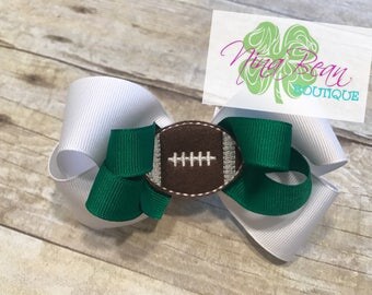 Football Hair Bow- Football Bow- Cheer Bows- Green and White Hair Bow- Football Team Hair Bow- Big Hair Bow- Football Team Gift