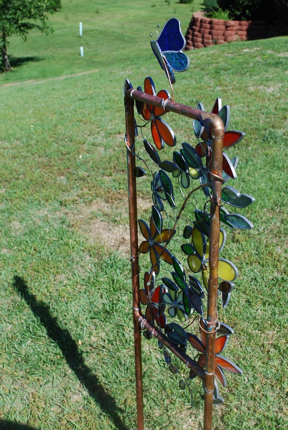 Large Stained glass Plant Stake Garden Decor Flowers Butterfly