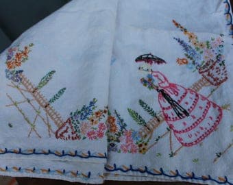 Vintage Embroidered Crinoline Lady Square Tablecloth - 32 x 32 Inches