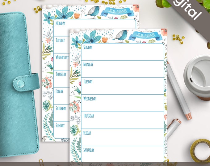 A5 Meal Planner Printable, Filofax A5 printable refills, Meals printable insert, Arinne Blue Bird DIY Planner PDF Instant Download