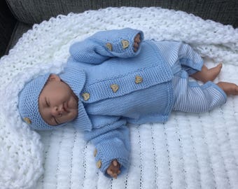 Hand Knitted Baby Set, New Baby Gift, Reborn Baby Outfit, 0-3 months Baby Set, Blue Baby Outfit, Baby Shower Gift, Ready to Ship