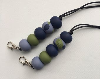 Polymer clay bead beaded lanyard, long keychain keyring. 'The Hannah' bluestone, spanish olive, navy