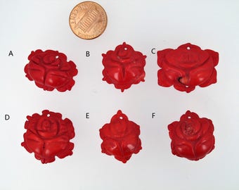 Red coral flower pendant. Carved coral. Rose flower pendant. Red coral
