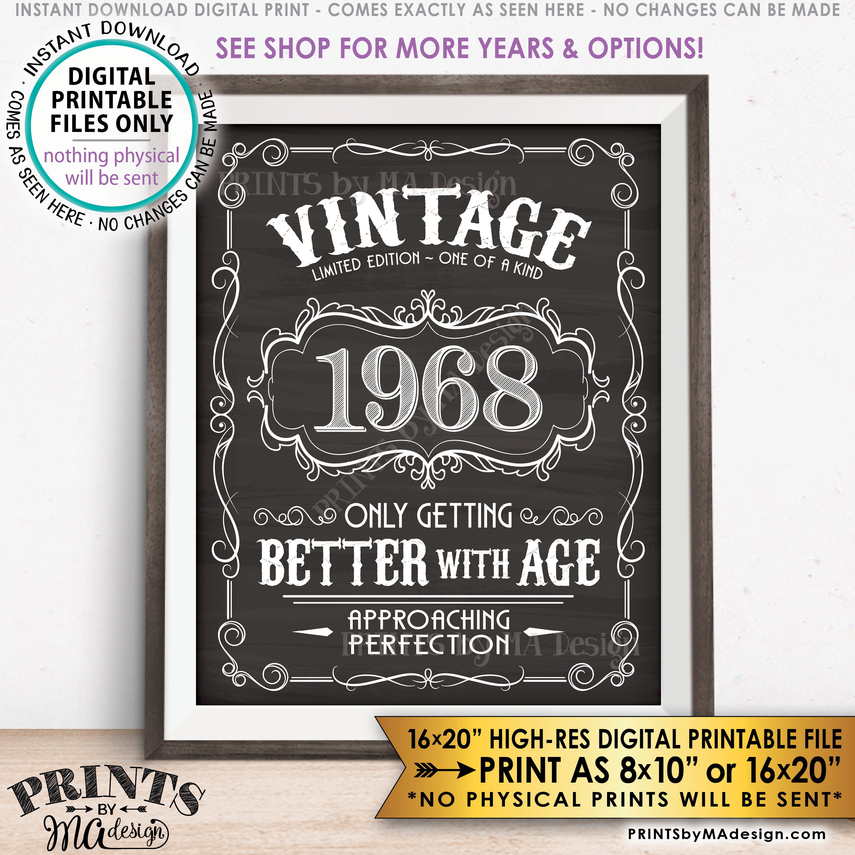 1968 Birthday Sign, Better with Age Vintage Birthday Poster Aged to ...