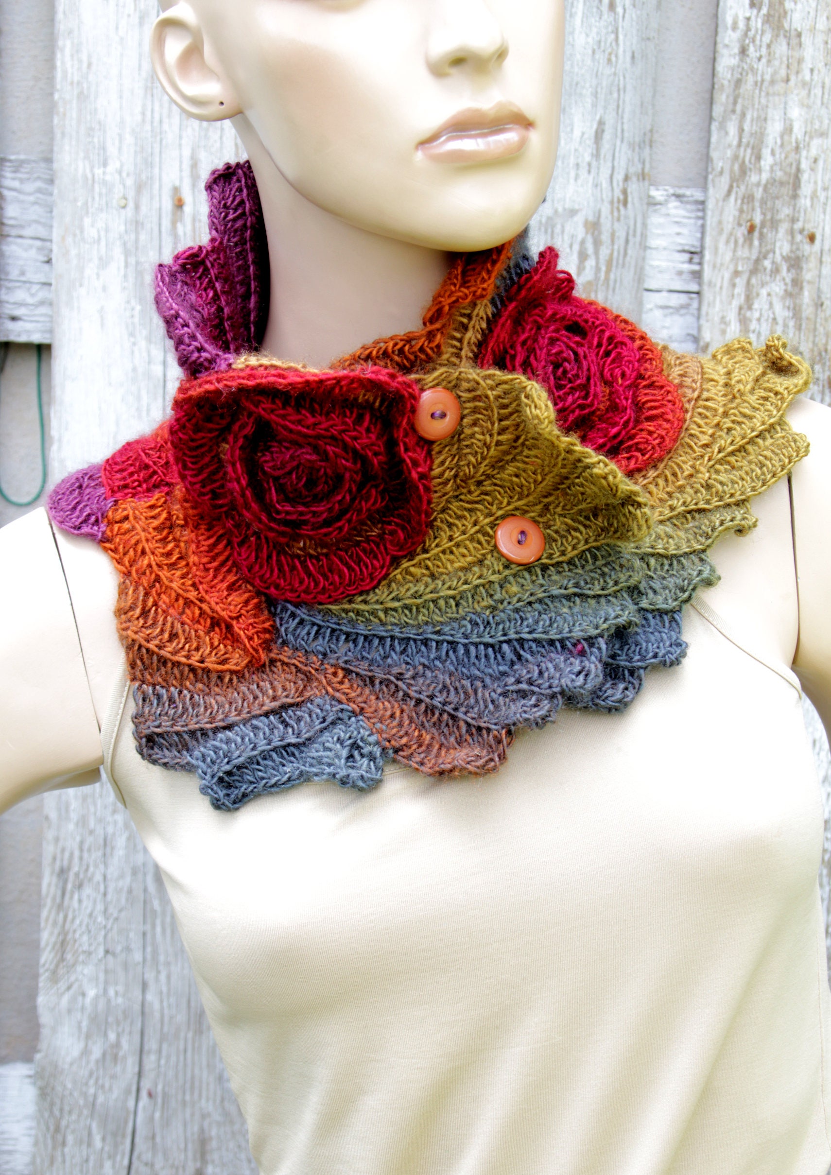 Scarf Crochet Rainbow Roses Capelet Button Neck Warmer
