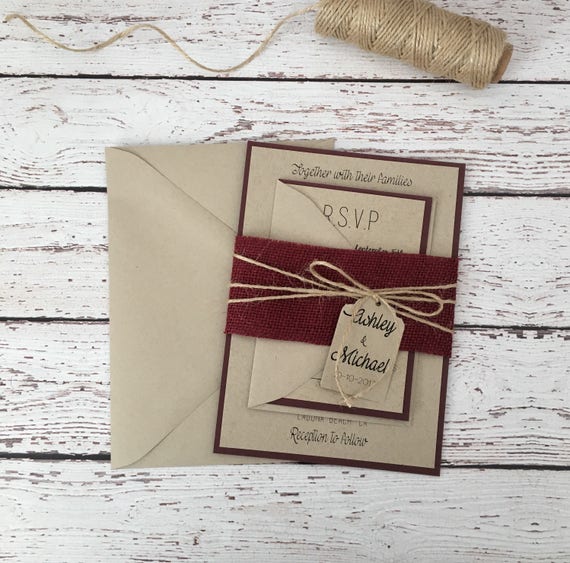 Rustic Wedding Invitation Burlap Burgundy Rustic Wedding Invitation Burlap Burgundy