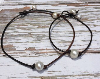 High Quality Pearl and Leather Necklace and Bracelet set | White Freshwater Pearl Choker | Single Pearl Bracelet | Sweet 16 | Gift under 30