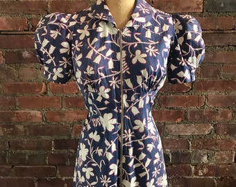1930s 1940s Zipper Front Hawaiian Print Maxi Dress