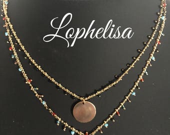 Plasue seed bead chain necklace gold medal