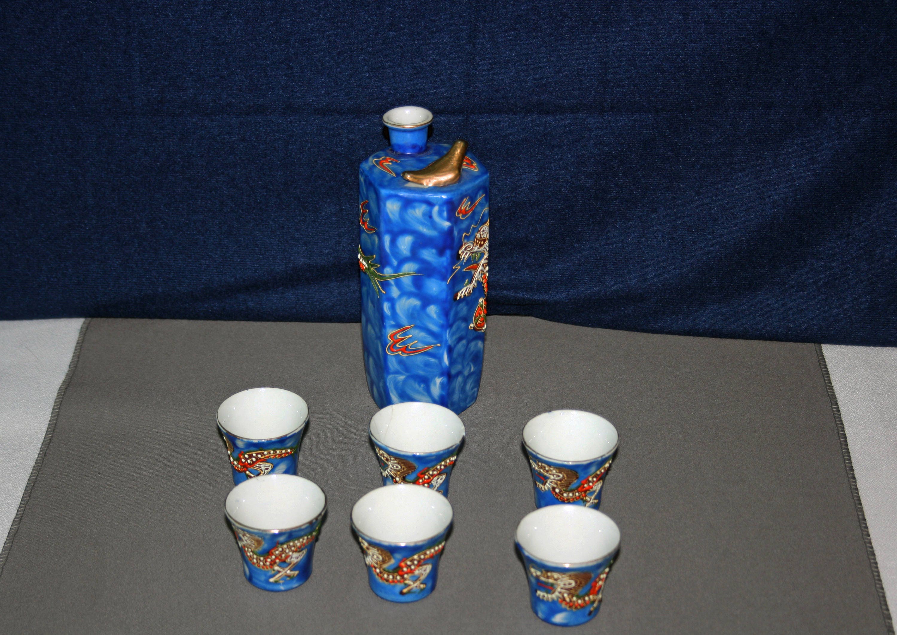 Vintage Dragonware Sake Set SATSUMA Geisha Lithophane Whistling Singing