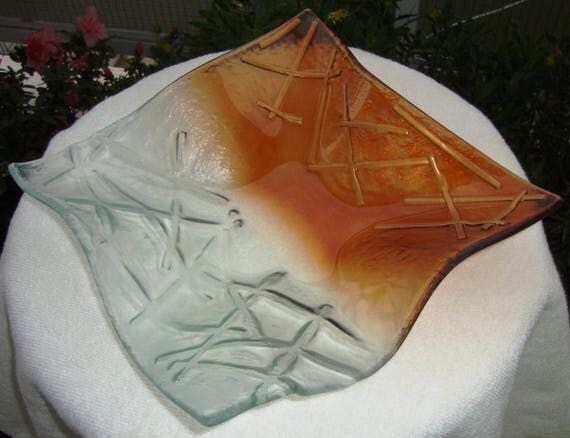 Vintage Quadrate Crackeled Handmade Fused Glass Bowl, Decorative Bowl, Fused Glass Plate, Housewarming Gift, Modern Art Glass Serving Bowl