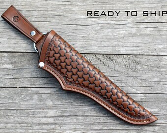 Leather knife sheath; handmade, tri weave stamping, brown - antique effect; knife sheath; custom knife sheath; bushcraft knife sheath