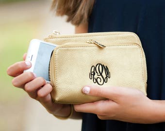 Monogram Wristlet, Monogrammed Wallet, Monogrammed Wristlet, Monogram Clutch, Bridesmaids Gift, Gold Sloane Wristlet, Monogrammed Clutch