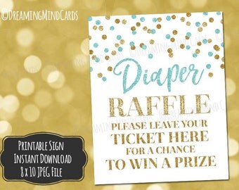 Printable Diaper Raffle Sign 8x10 Blue and Gold Confetti Baby Shower Digital Download