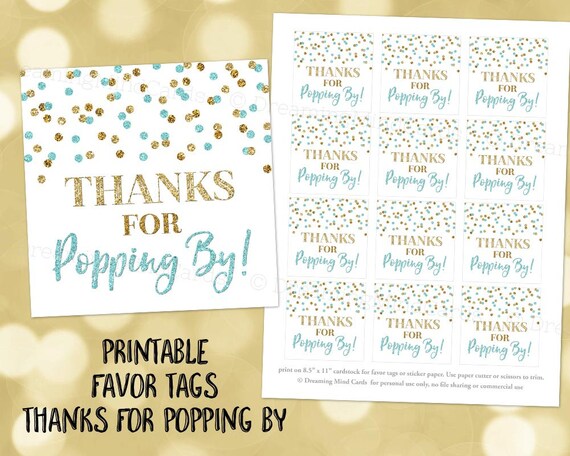 Printable Thank You for Popping By Favor Tags Light Blue Gold