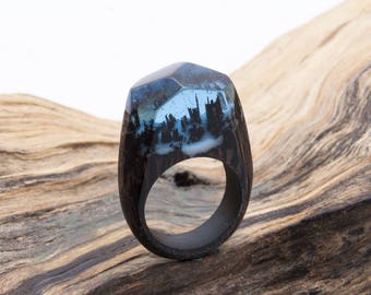 Soul of the Forest wooden resin ring. Eco epoxy jewelry. Green Wood the secret of the magical world in a tiny landscape. Glows in the dark