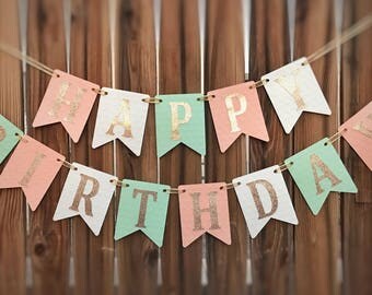 Happy Birthday Banner, Birthday Banner, Mint Birthday Banner, Girl Birthday, 1st Birthday Banner, Mint and Gold Birthday Banner, Girl Banner