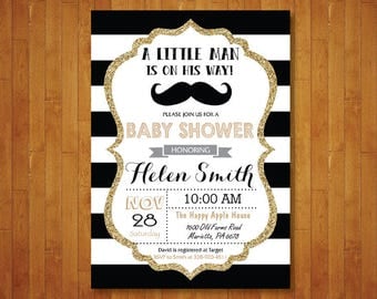 Little Man Baby Shower Invitation. Little Man Mustache Baby Shower Invitation. Boy Baby Shower. Black and Gold Glitter. Printable Digital.