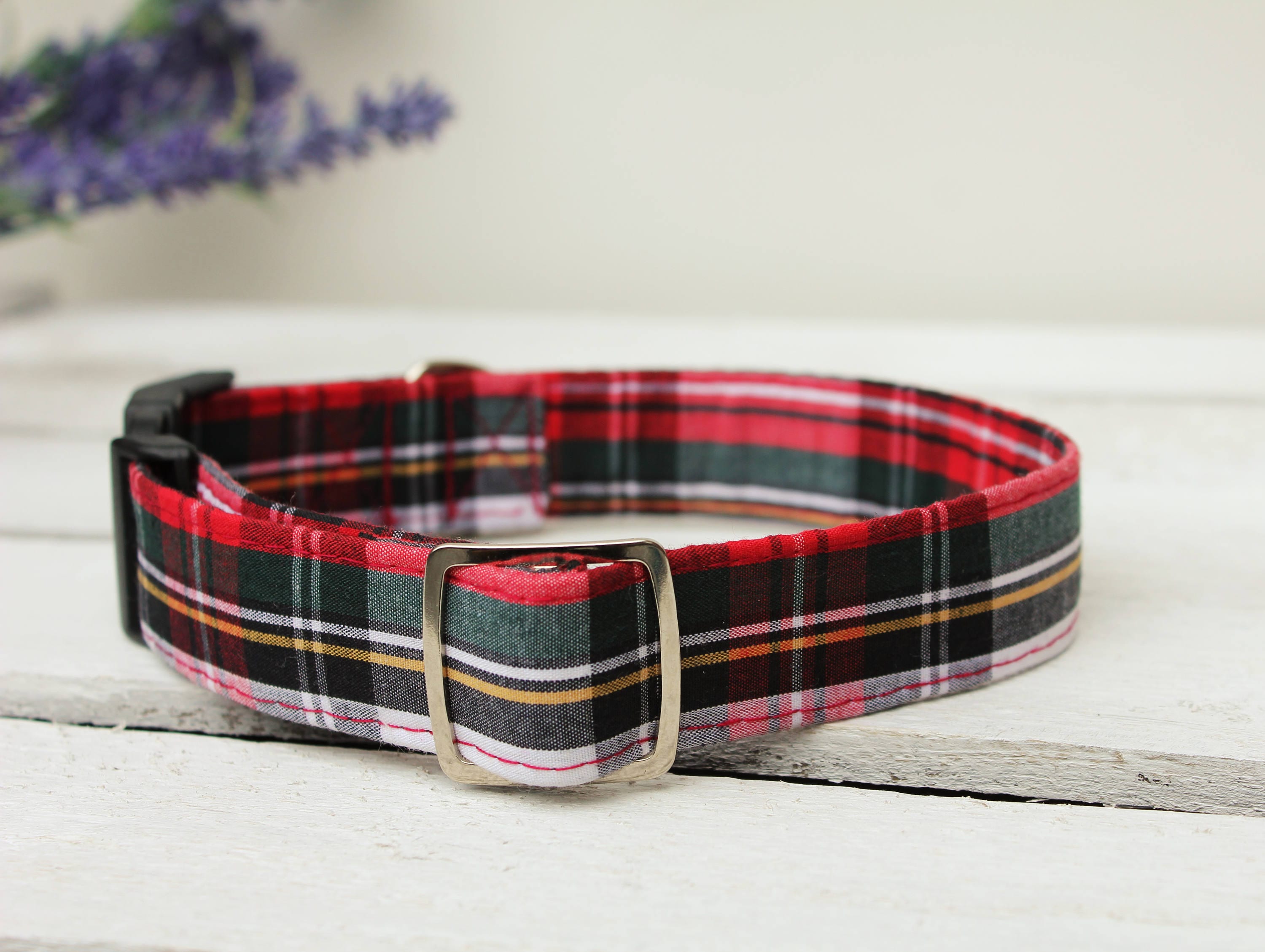 Dog Collar Tartan Varieties red green/blue gingham. Dog