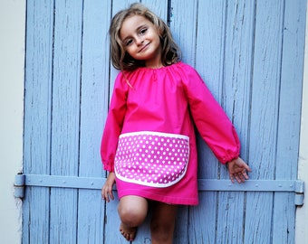 Art Smock 2-4 Years Fuschia Pink Polka Dots Pocket 100% Cotton Girls Painting Apron Tablier Filles Rose Petit Pois Ecolier Ecole Blouson