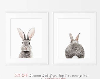 Set of 2 Bunny Prints, Nursery Decor, Animal Prints for nursery, Printable Nursery Bunny, Instant Download, Rabbit Print, Rabbit Butt Tail