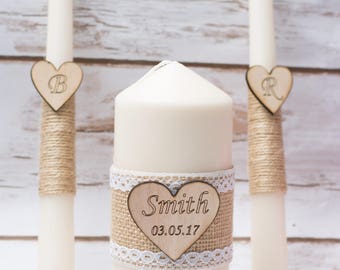 Unity Candle Set Rustic Wedding Unity Candle Wedding Unity Personalized Candle Set Wedding Candles with burlap linen rope lace