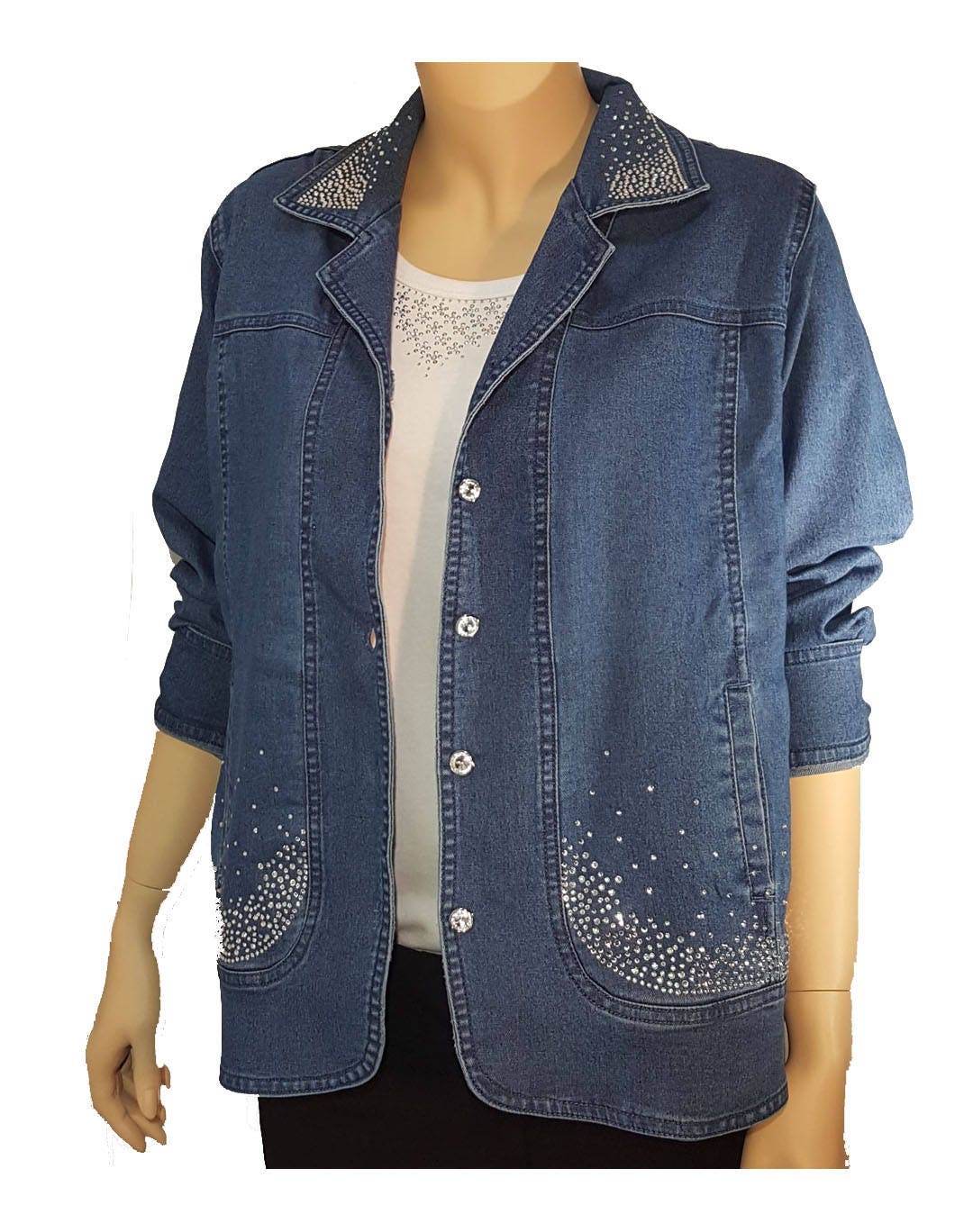 Denim bling Jacket long sleeves pockets and rhinestone