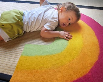 Felted wool Rainbow carpet made in france, wet felt carpet for children.