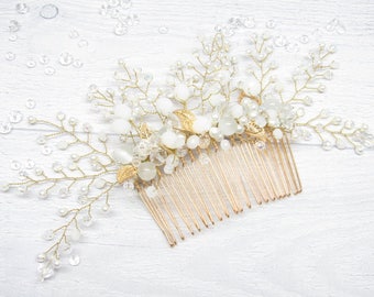Gift|for|her Gold hair Comb Bridal white Crystal wedding Bridal comb Bridal hair piece Bridal comb pearl Wedding comb Bridal headpiece