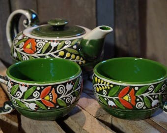 Anniversary gift for grandmother Ceramic tea set Tea pot set with two mug New parents gift Presents for mum Holiday gift ideas Tea party set
