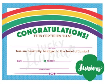 Girl Scouts Bridge to Juniors Certificate - Instant Download