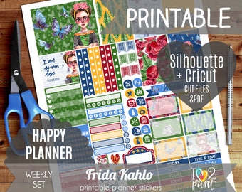 Frida Kahlo Watercolor Weekly Printable Planner Stickers, Happy Planner Stickers, HP planner, Mambi Stickers, Cut files, Cricut Files