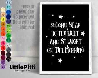 Second star to the right, Peter Pan quote print, neverland nursery, modern nursery decor, black and white kids room, minimal nursery print