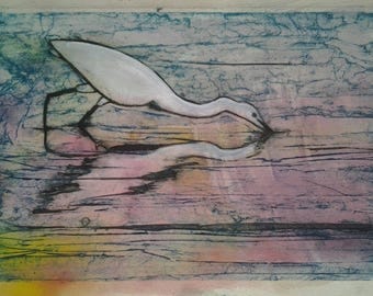 Egret Reflections Collagraph Print