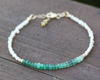Natural Pearl and Ombre Emerald Bracelet 14k Gold Filled, 20th 30th Anniversary , June May Birthstones , Healing Gem , Layering , Stacking