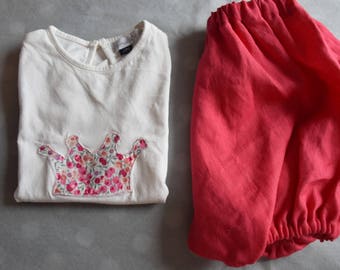 Raspberry t-shirt flocked and linen bloomers set