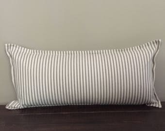 Gray Ticking Stripe Pillow Cover, Long Lumbar Pillow, Throw Pillow Cover, Farmhouse Pillow, Decorative Pillows, Pillow Cover 12x22