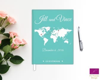 World Map Wedding Guest Book, Map Hard Cover Guest Book,Traditional Wedding Guest Book with world map,custom wedding guestbook,custom colors