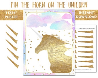 Printable Pin the Horn on the Unicorn Party Game, 11x14 Inch Unicorn Birthday Party Game, Unicorn Party Poster JPG & Pdf INSTANT DOWNLOAD
