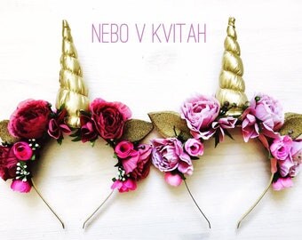 Gold unicorn horn Flower crown Floral headband Unicorn headband Kids headband Bride unicorn horn Bachelorette party