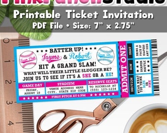 Printable Baseball Team Boy or Girl Gender Reveal Party Ticket Invitation Personalized PDF File